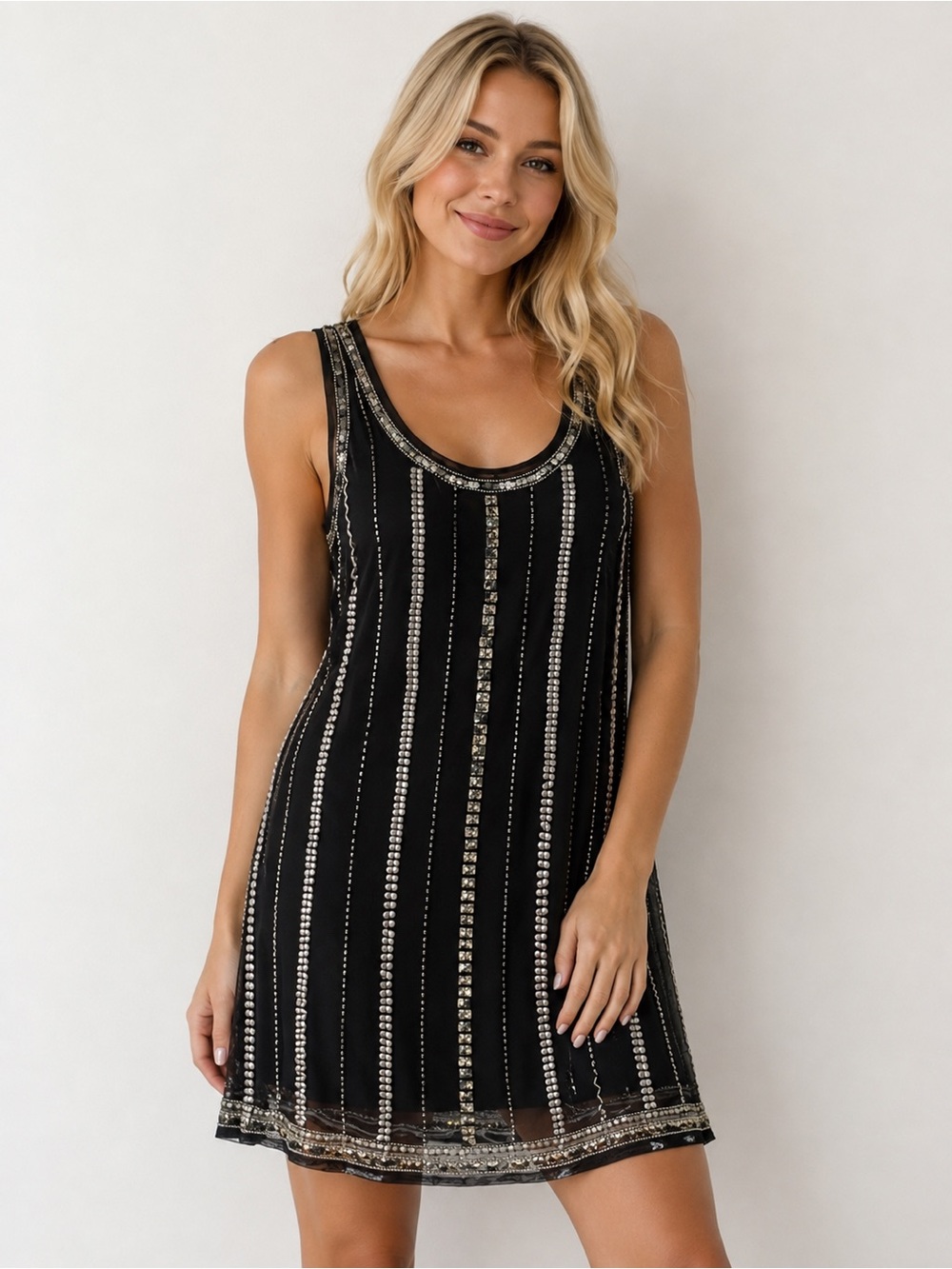 Evening wear Angie Black Mini Dress with Metallic Bead Stripes